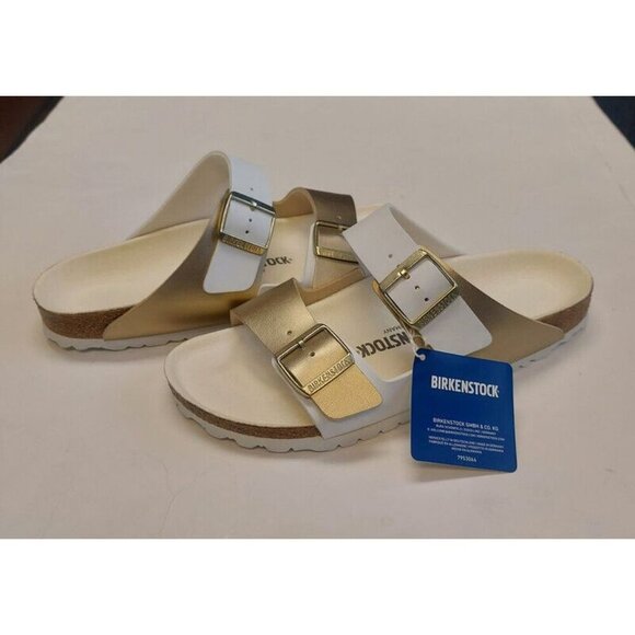 Birkenstock Arizona Split Birko-Flor Womens 10 Mens 8 Sandals Gold White EU 41 - Picture 7 of 9